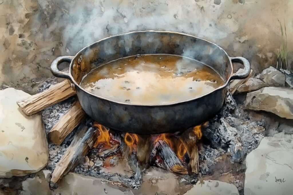 Crushed castor bean paste boiling in a pot over a wood fire to extract the oil.
