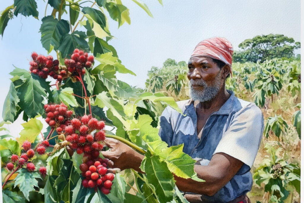 A Jamaican farmer picking ripe castor beans by hand from the plant.