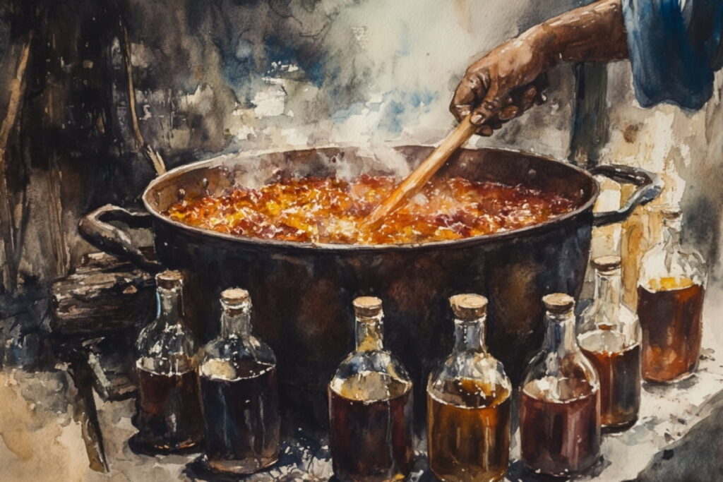 Stirring a large pot of boiling castor oil with finished bottles of Jamaican Black Castor Oil placed in front.