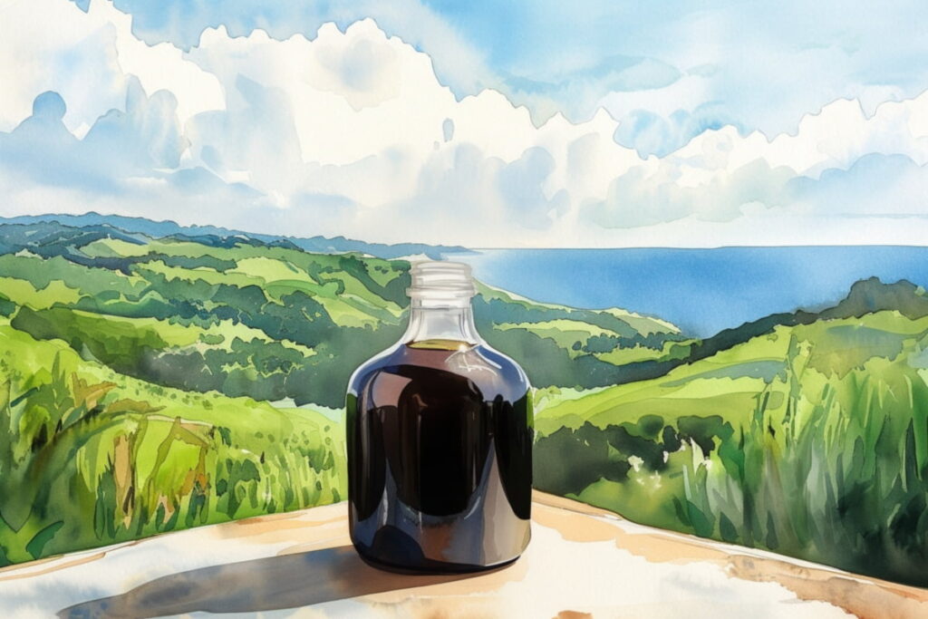 A glass bottle of authentic Jamaican Black Castor Oil filled with thick, dark oil, representing the final purified product after straining.”