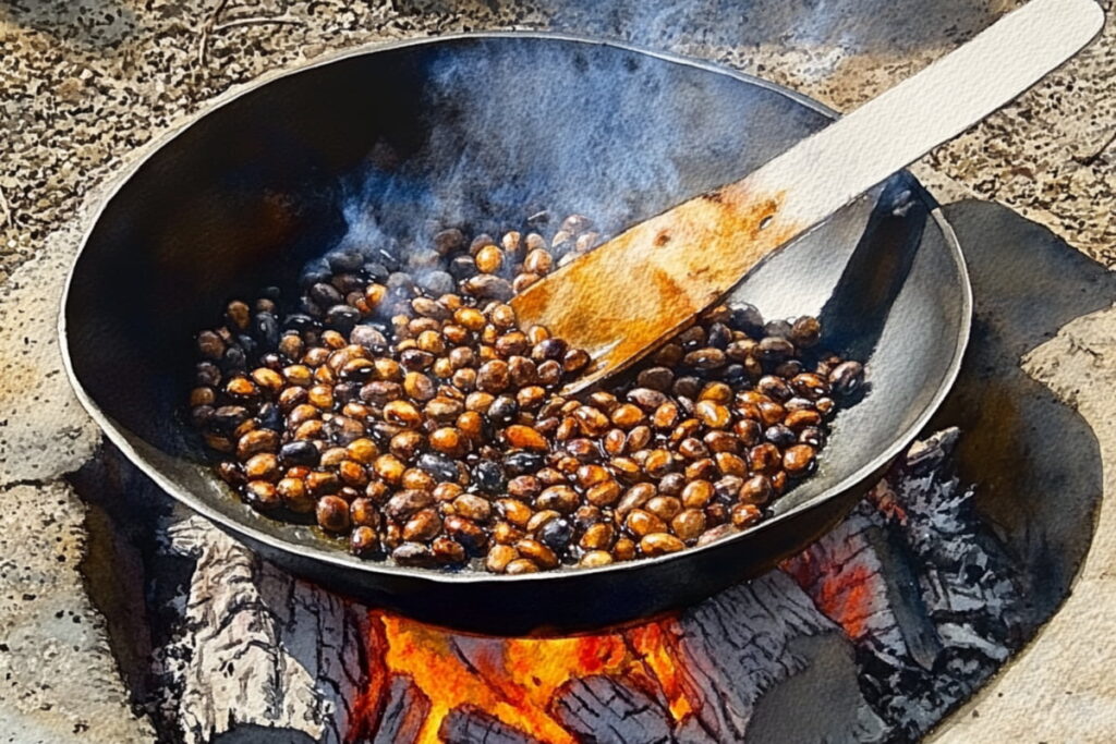 Castor beans roasting in a pan over an open wood fire in Jamaica